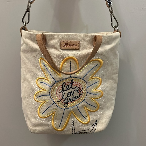 Brighton “Sunny Daisy” Embroidered Canvas Bag “Let Love Grow “ Colorful Strap - Picture 1 of 11